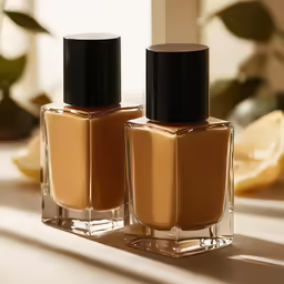 two small bottles of brown colored nail polish sit in front of a glass bottle filled with lemon juice