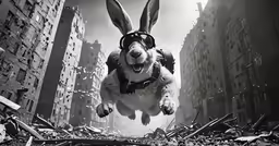 a bunny that is in the air with some buildings