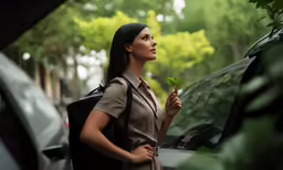 a beautiful young lady holding a leaf in her hand