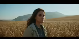a woman in a field standing looking at the camera
