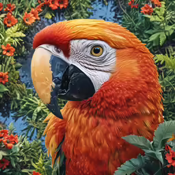 a bird with an orange and blue head is surrounded by flowers