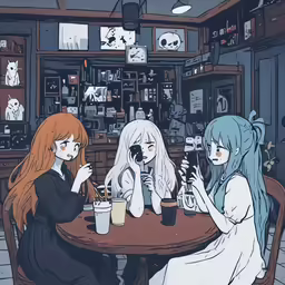 some women are sitting at a table with beverages