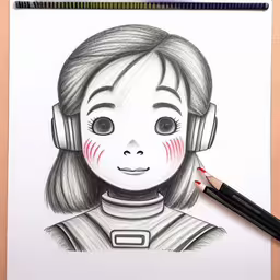this drawing depicts a little girl with headphones on and wearing ear phones,there is a picture of a girl with headphones