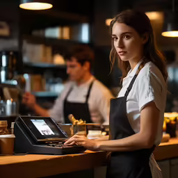 a woman in a restaurant is checking the order on her phone
