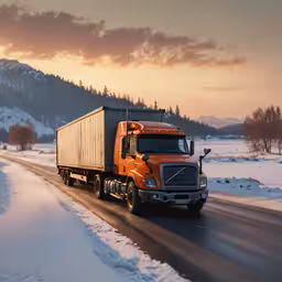 a truck driving on the road in the snow,truck driving on snow covered road during sunset