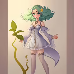 the girl with green hair and blue hair is standing next to a small plant