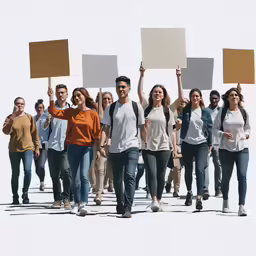 a large group of people walking down the road holding signs