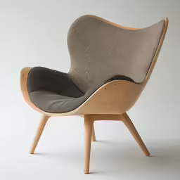 a wood and gray fabric chair on a white surface