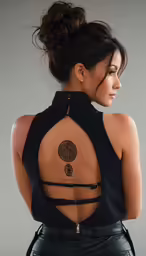 a woman in leather is shown with tattoos on her back