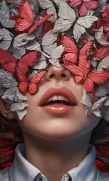 a close up of a person with butterflies on their head