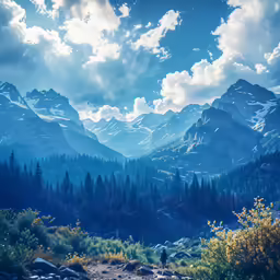 the mountain landscape is painted blue with clouds and sun peeking through