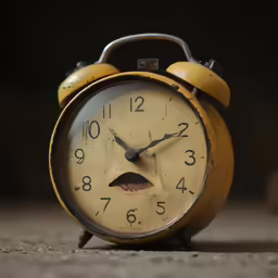 an old yellow alarm clock with an open mouth
