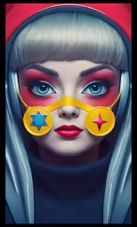 a woman with a star and crescent shaped eyes