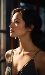 a woman with dark hair and silver jewelry looks off to the side