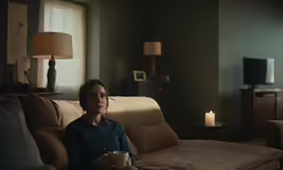 the woman is sitting on the couch drinking coffee