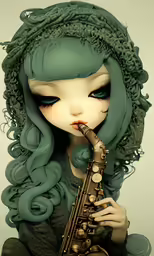 an anime girl with blue eyes and long green hair playing the saxophone
