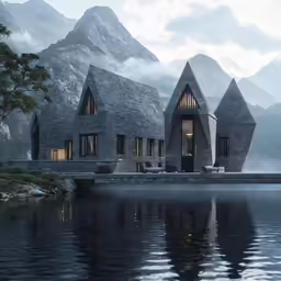 there are three buildings on the water side