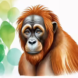 a monkey with orange hair sitting down with a bunch of green leaves