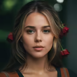 a woman with brown hair and roses in her hair