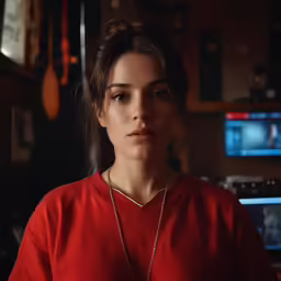 a woman wearing a red shirt, necklace and necklace