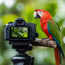 a parrot standing on top of a branch near a camera