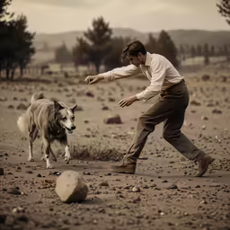 a man is petting a dog in a dirt field