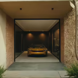 a brown car sitting in the entrance of a building
