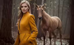 the woman in the yellow dress is standing near a horse