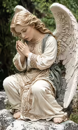 an angel statue kneeling on some rocks with a praying hands