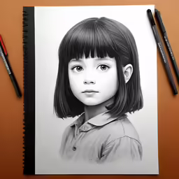 a black and white photo of a young girl with bangs and bangs