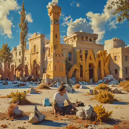 a man sits in front of a desert scene with a giant building
