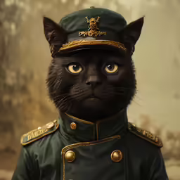 a cat wearing a uniform with big yellow eyes
