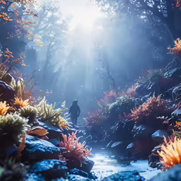 the person is walking through a forest filled with foliage
