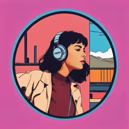 a cartoon featuring a person wearing headphones,a young woman wearing headphones is shown in the center of a circular frame