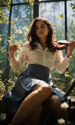 a woman wearing a dress sitting on a bench with a violin