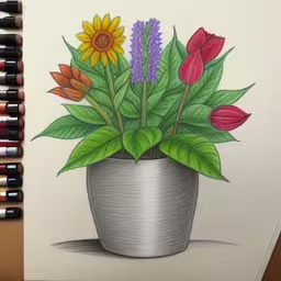 a drawing of a potted plant filled with flowers,a drawing of a potted plant and some colorful flowers,a drawing of a potted plant with flowers in it,this is a pencil drawing of flowers in a pot,a drawing of a plant with several flowers