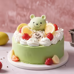 a decorated cake with icing and fruit