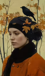 woman wearing a black hat with a bird on top of her head