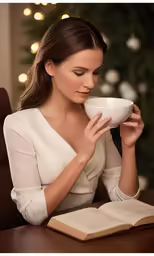 a woman sitting at a table holding a book and drinking coffee