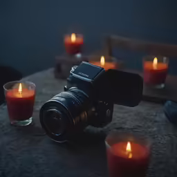 an old - fashioned camera is sitting next to some candles