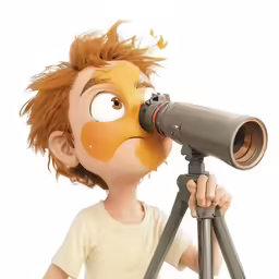 a young boy with red hair and nose looking through a telescope at butterflies