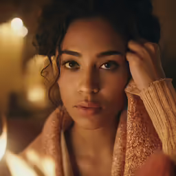 a close up of a person with a candlestick in the background