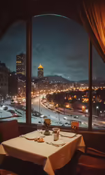 dinner table set with view of city lights and snow at night