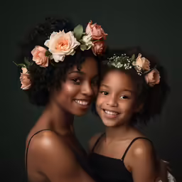 two women are standing next to each other with flowers in their hair