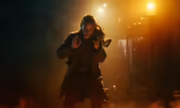 the woman is standing in front of the stage lighting