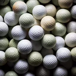 a large group of golf balls that are white and light brown,many different colored golf balls are piled up together