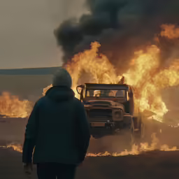the man is watching the truck that was on fire