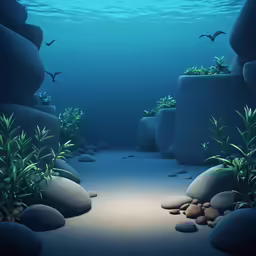 a painting of a large blue pond in the middle of a sandy beach