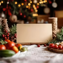 a card placed between christmas greenery and other items