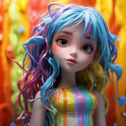 a girl with colorful hair and long, pink and blue hair